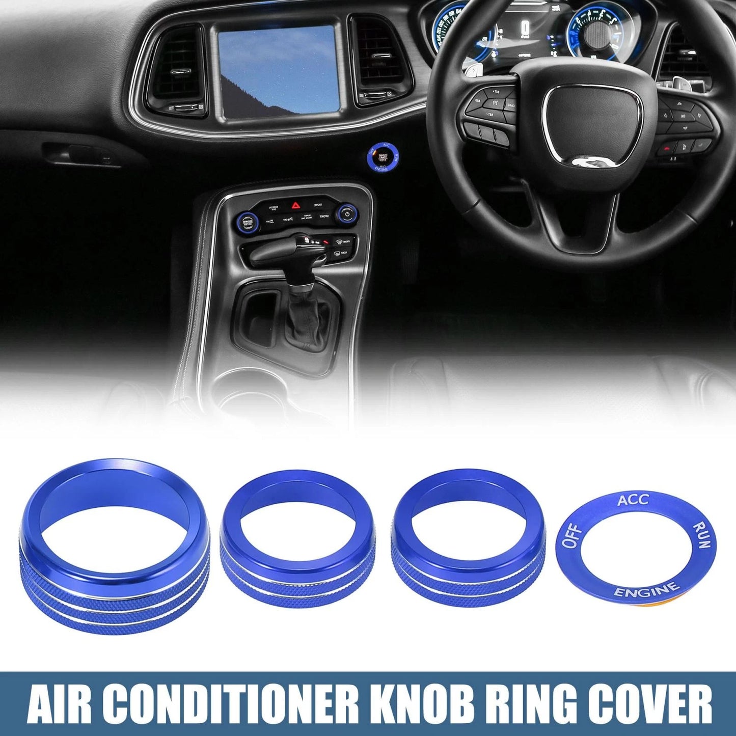 Air Conditioner Knob Ring Covers Engine Start Button Cover Set for Dodge Blue