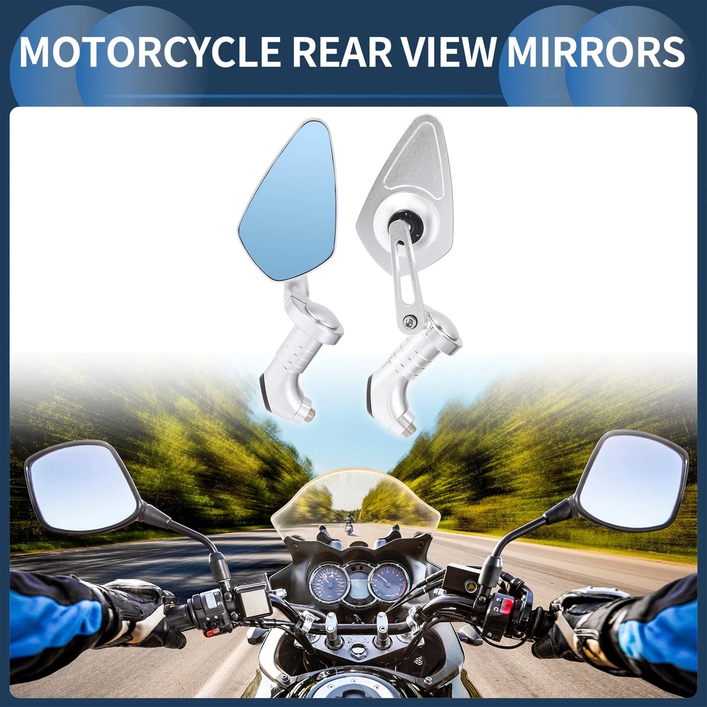 Pair Motorcycle Rear View Mirrors Side Rearview Mirror Aluminum Silver Tone