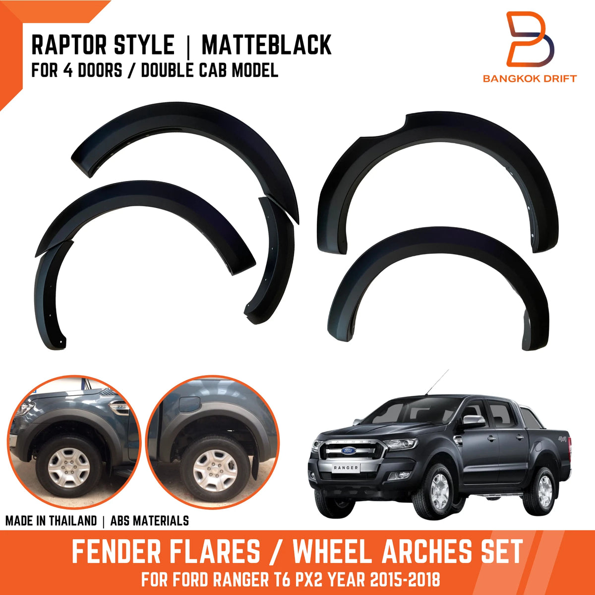Matte Black Fender Flares for Ford Ranger T6 PX2 (2015-2018)
