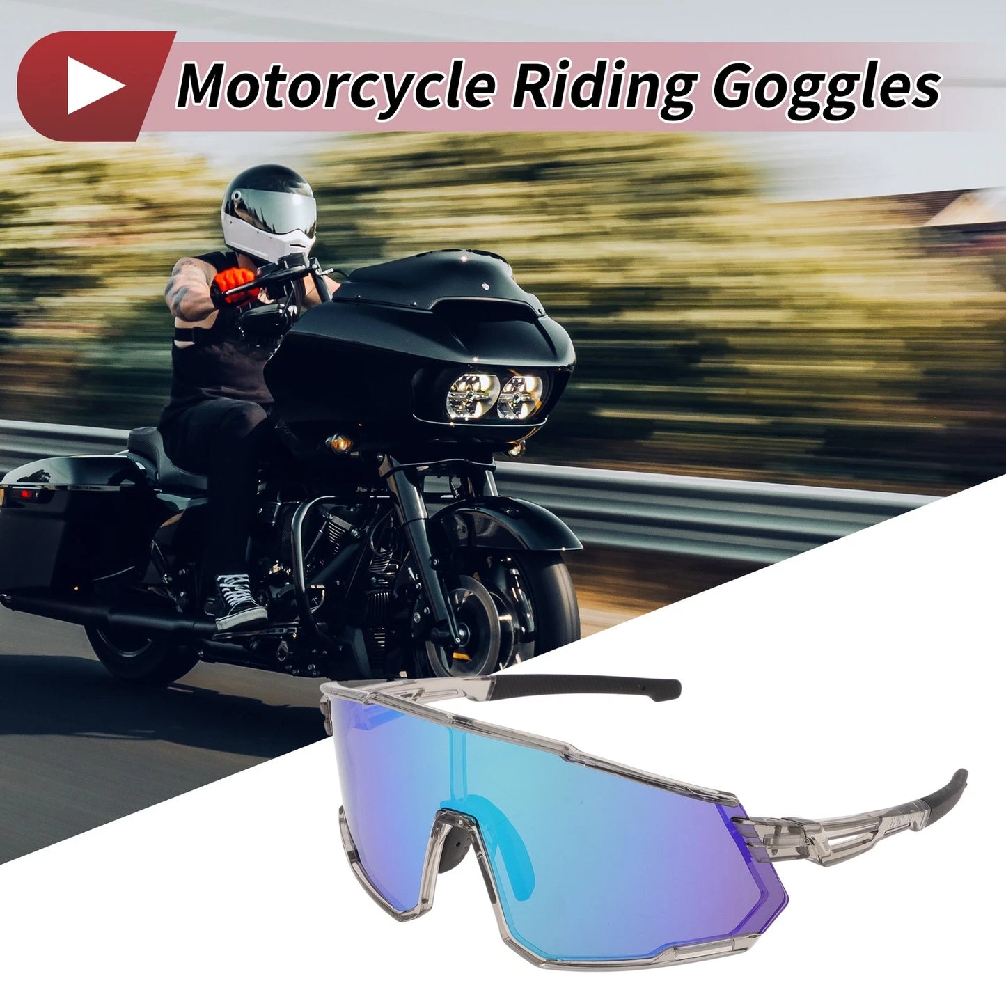 Motorcycle Riding Goggles Green Lens Clear Gray Frame Tri-Acetyl Cellulos