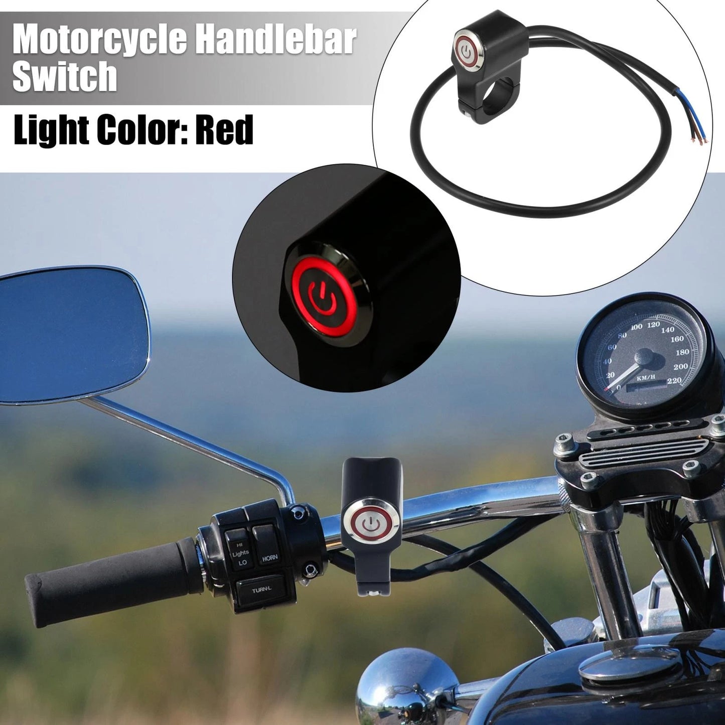 7/8 22mm Handlebar Control Horn Start Switch with Lock Red Light for Motorcycle