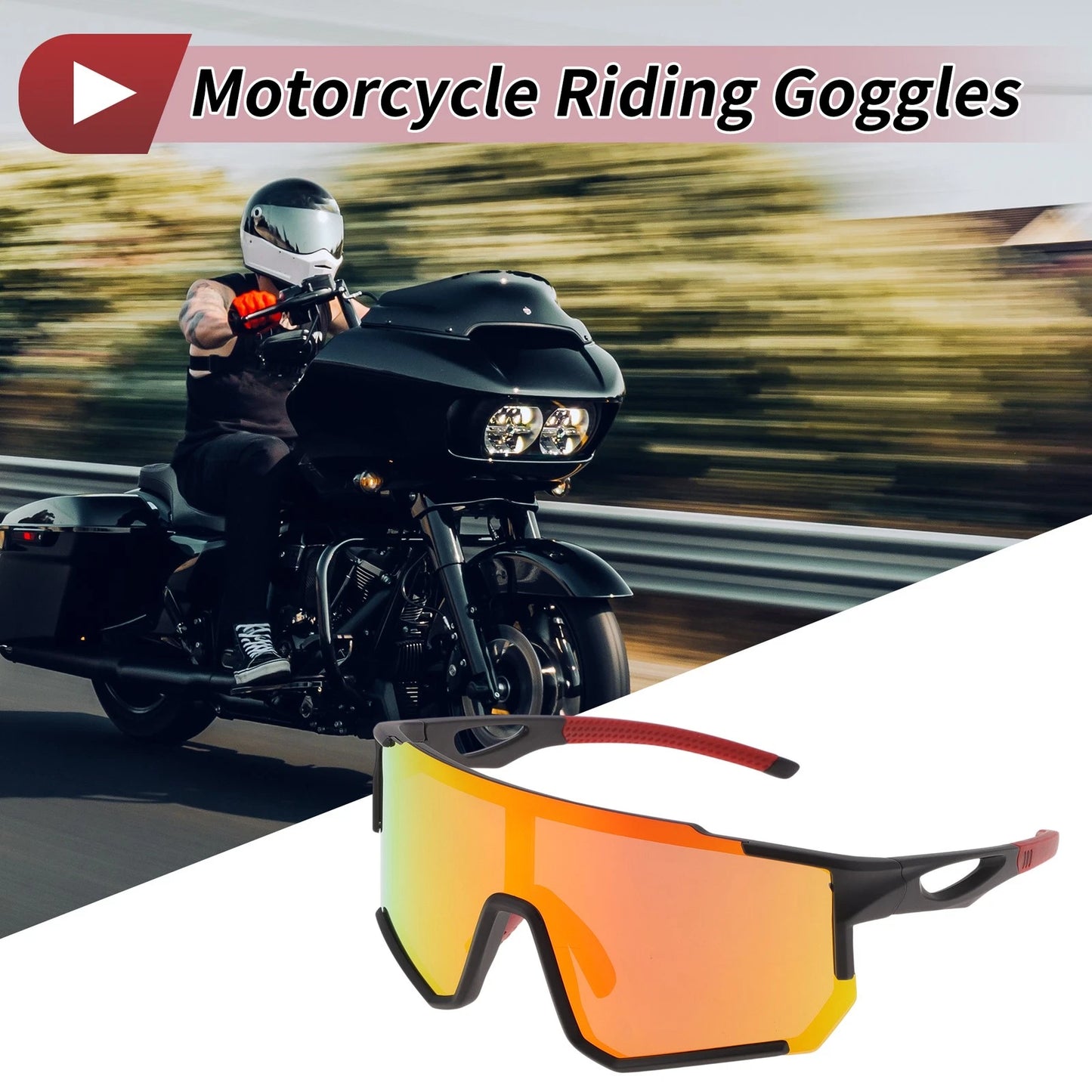 Motorcycle Riding Goggles Red Lens Black Frame Cycling Sunglasses UV400