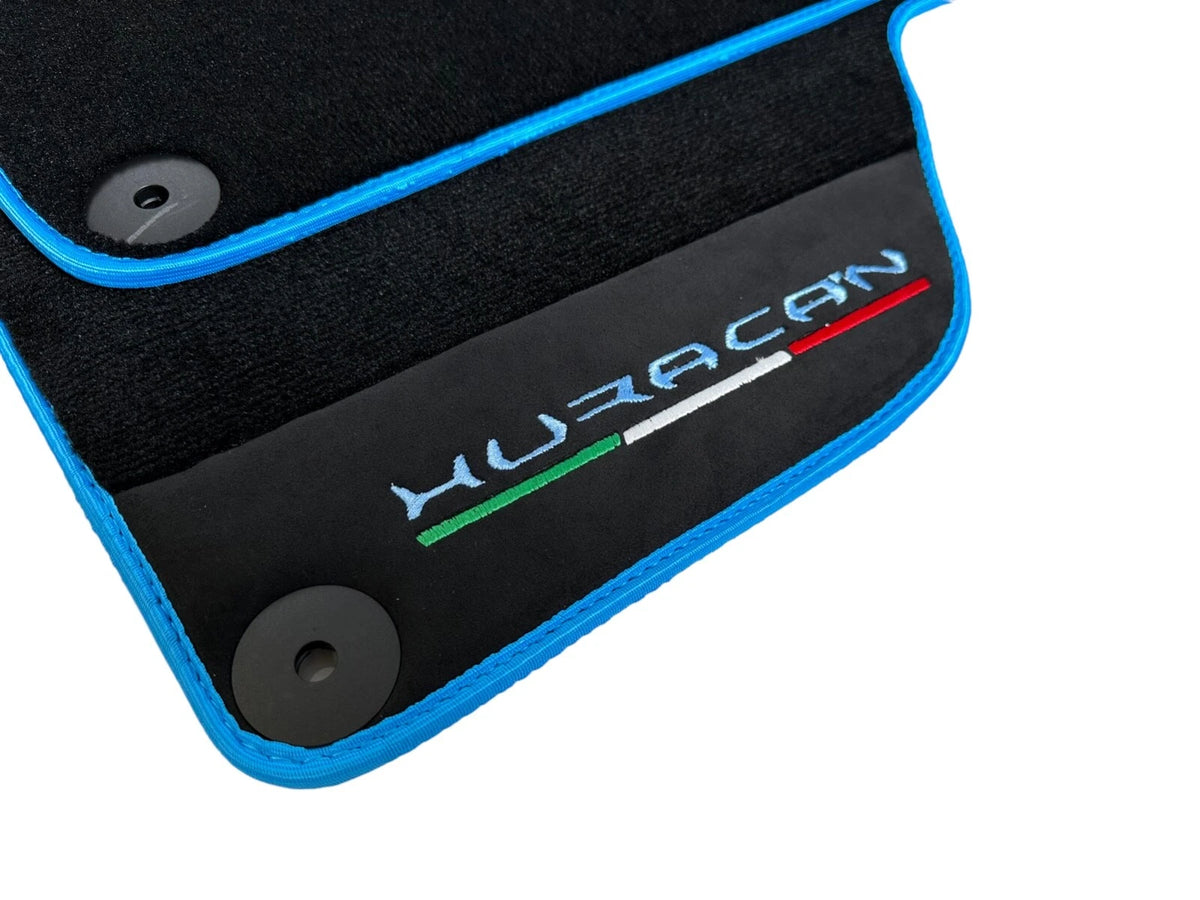 Black Floor Mats for Lamborghini Huracan with Light Blue Trim (2014-2023)