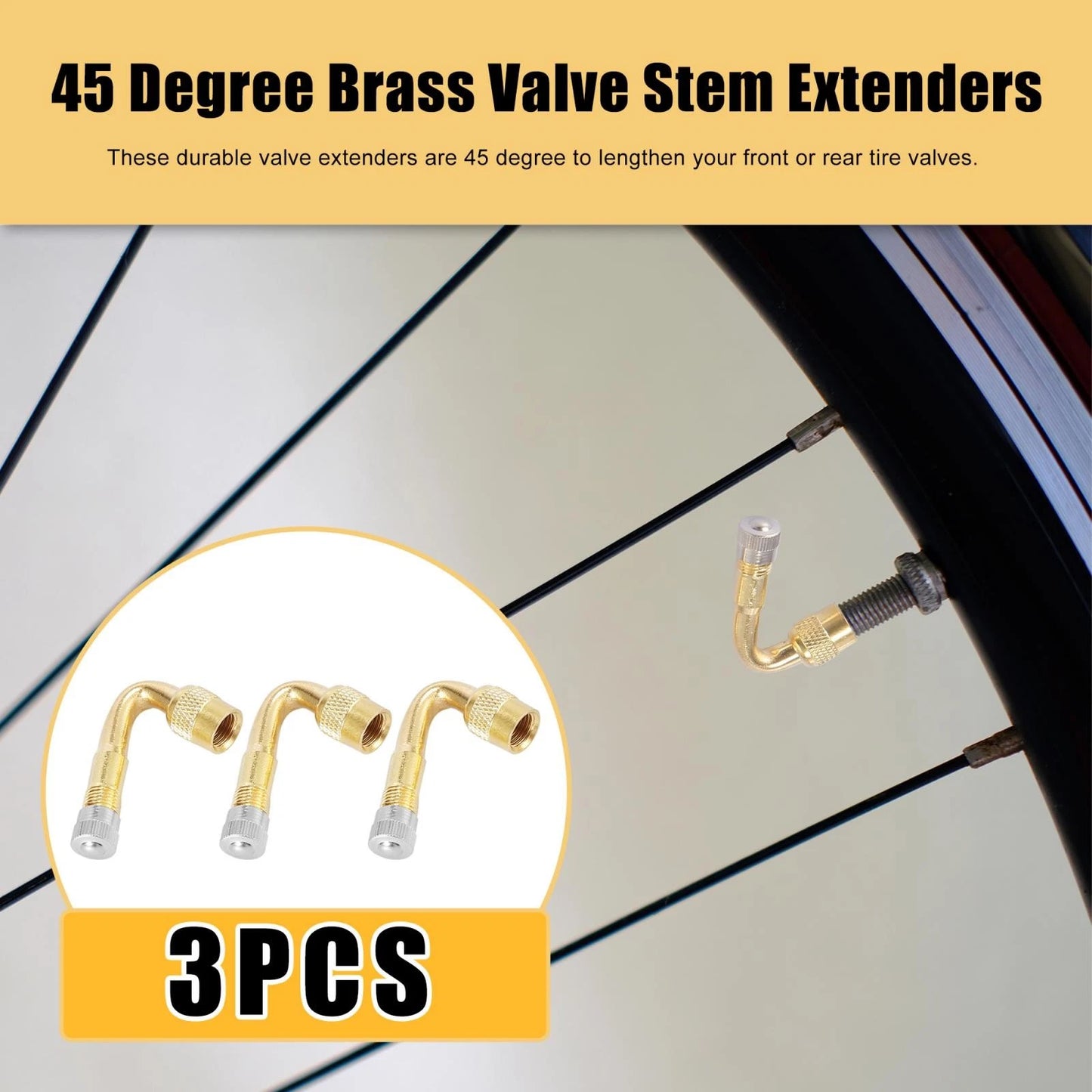 3 x 45 Degree Tyre Valve Stem Extension Extender Gold Tone for Car Motorcycle