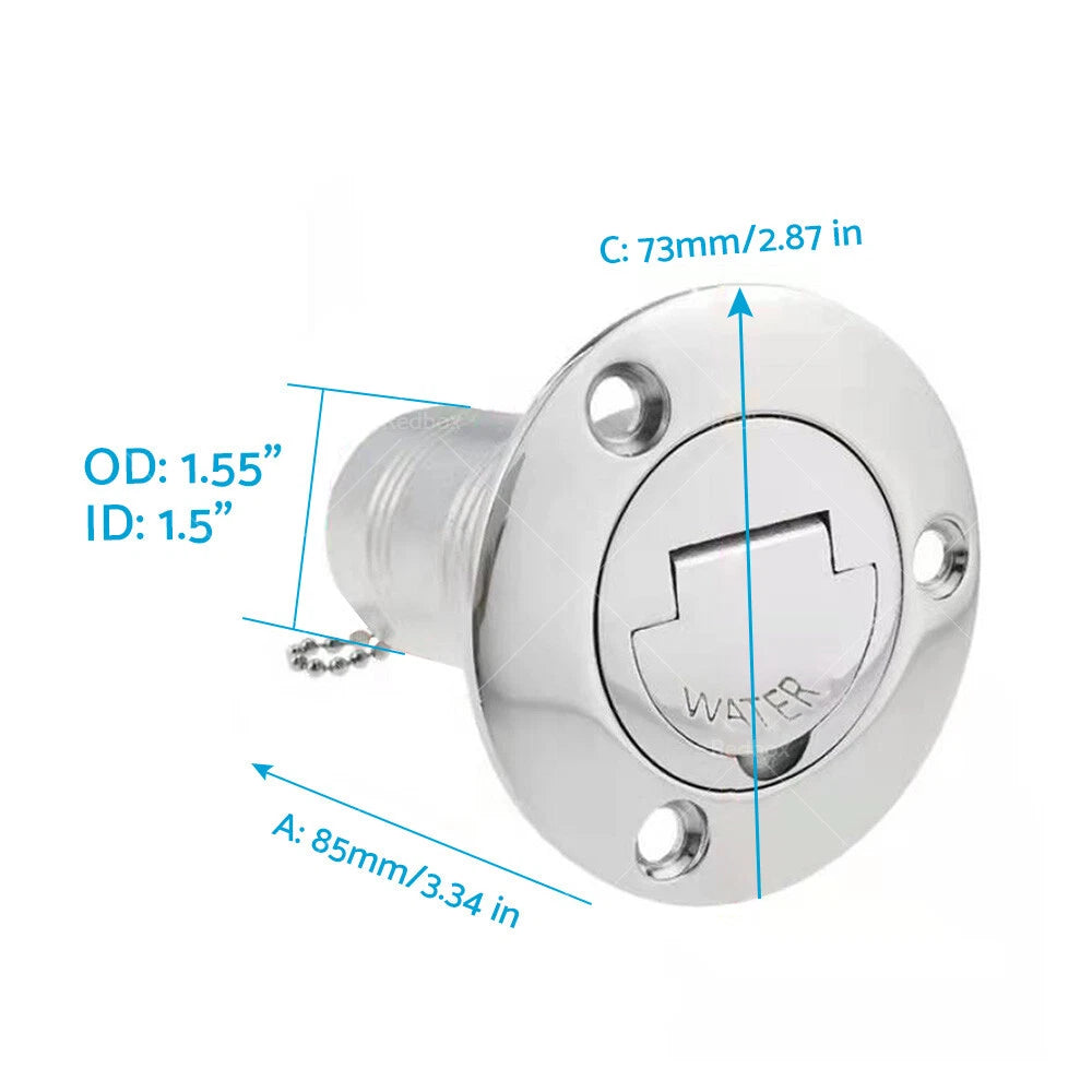 1-1/2" Marine Boat Keyless Water Deck Fill Filler Polished 316 Stainless Steel