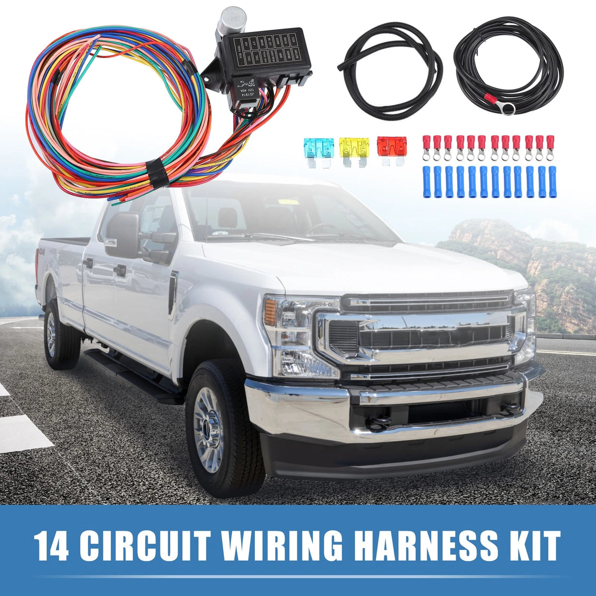 Universal 14 Circuit Wiring Harness Kit with Fuses for GM & Ford