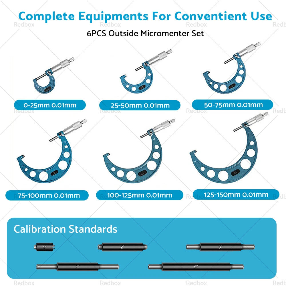 6pcs Precision Outside Micrometer Set 0-150mm Carbide Machinist Tool