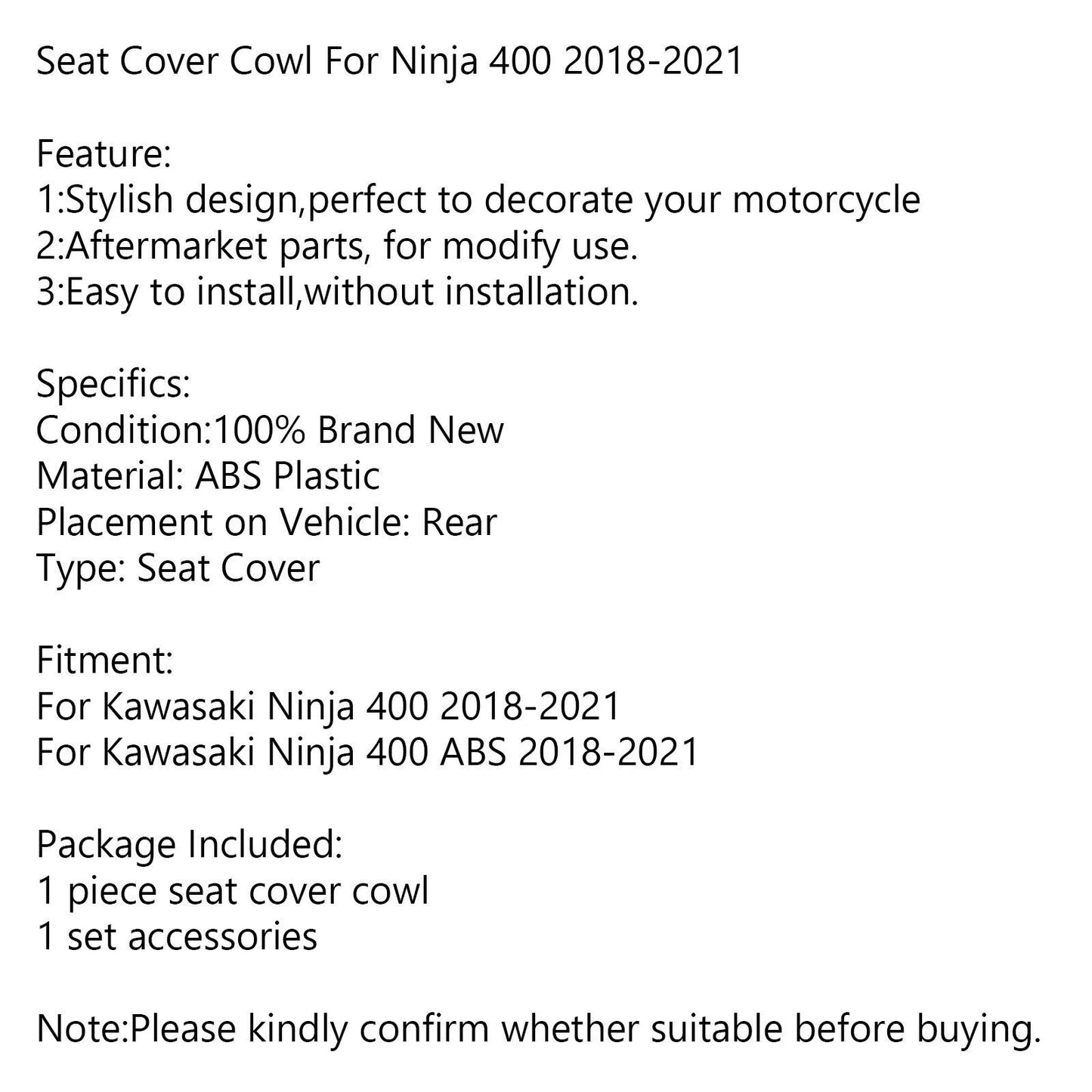 Pillion Seat Cover for Kawasaki Ninja 400 (2018-2024)