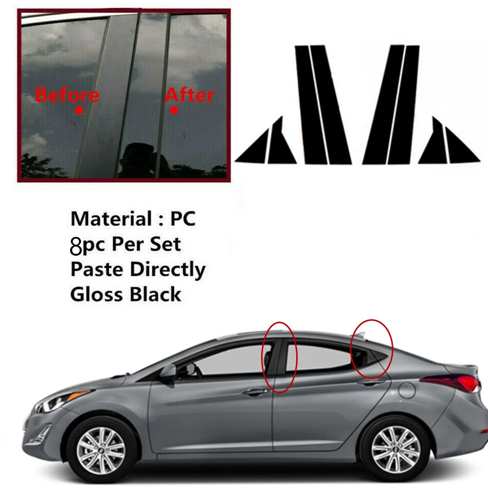 8pc Door Trim B Pillar Posts Gloss Black Cover for Hyundai Elantra (2011–2016)