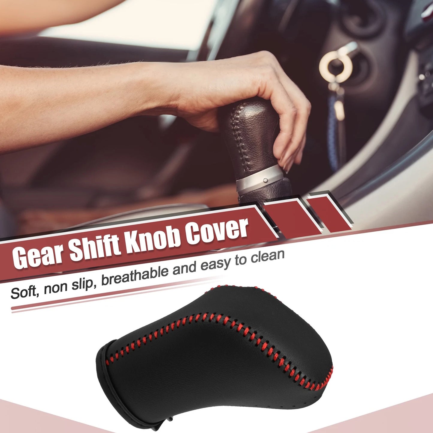 Auto Gear Shift Knob Cover Protector Black W/ Red Stitches for Toyota Crown