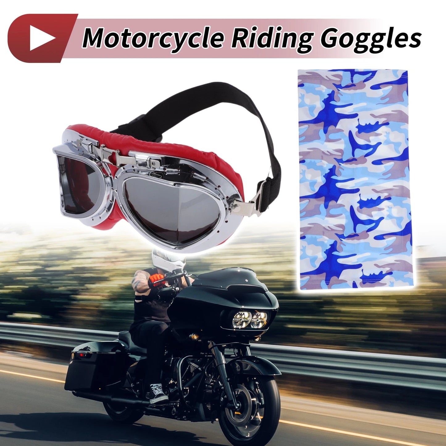 Set 1x Motorcycle Riding Goggles Dark Gray Lens Red Frame PC Cycling Sunglasses