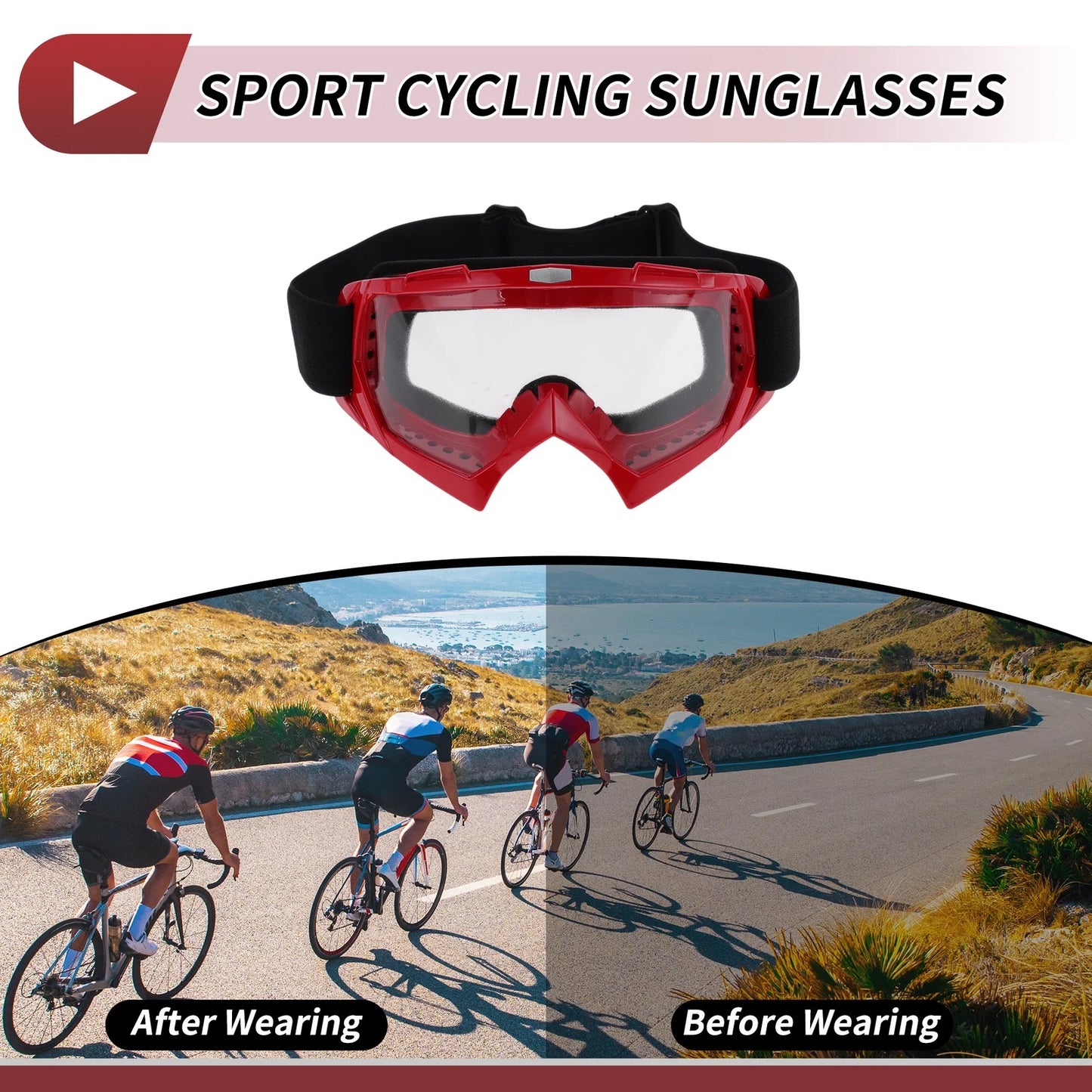 Set Motorcycle Riding Goggles Transparent Lens Red Frame PC Cycling Sunglasses
