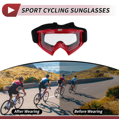 Set Motorcycle Riding Goggles Transparent Lens Red Frame PC Cycling Sunglasses