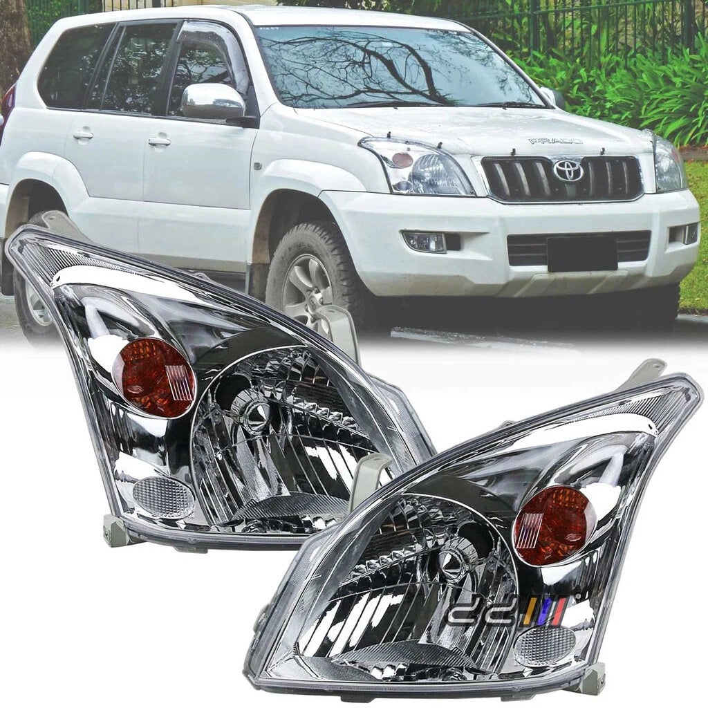 LH+RH Head Light Lamps Chrome for Toyota Land Cruiser Prado (2002-2009)