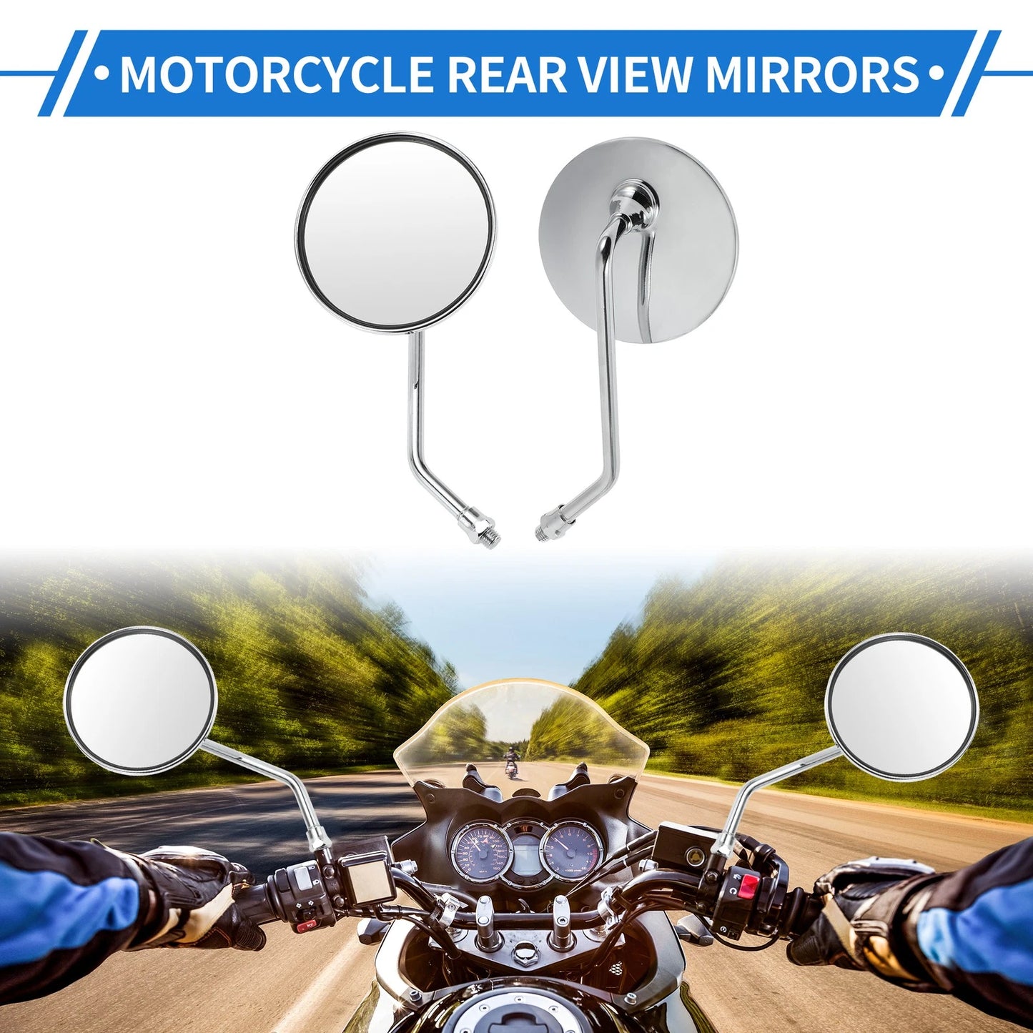 Rear View Mirror Round Shape Handlebar Mirrors Chrome Silver Tone for M10 Motorcycle
