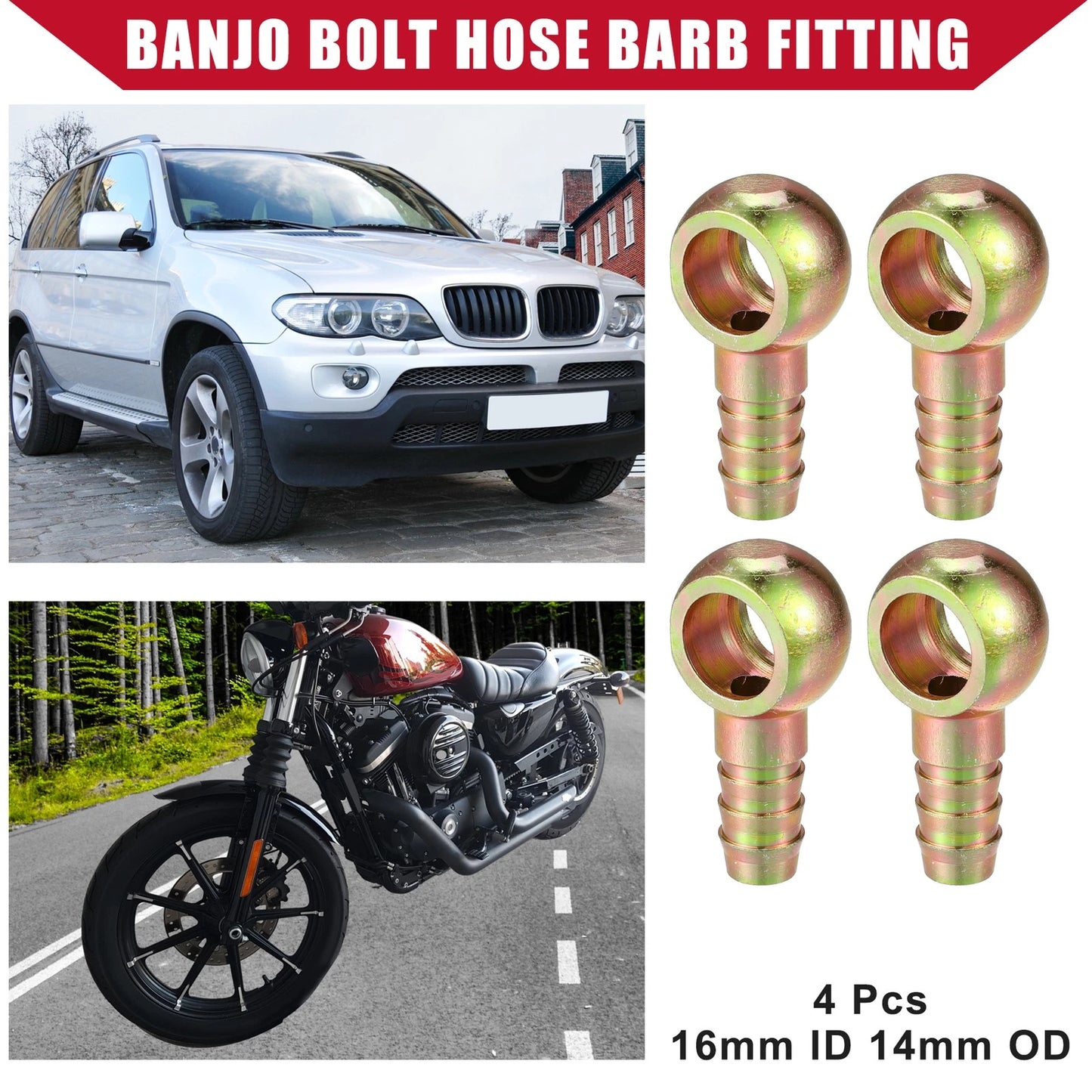 Banjo Bolt Hose Barb Fitting 4 x 16mm ID 14mm OD for Car Motorcycle
