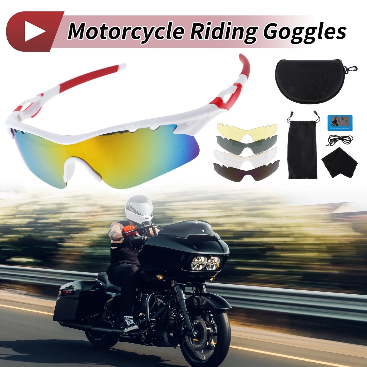Set Motorcycle Riding Goggles Red Lens White Frame PC Cycling Sunglasses