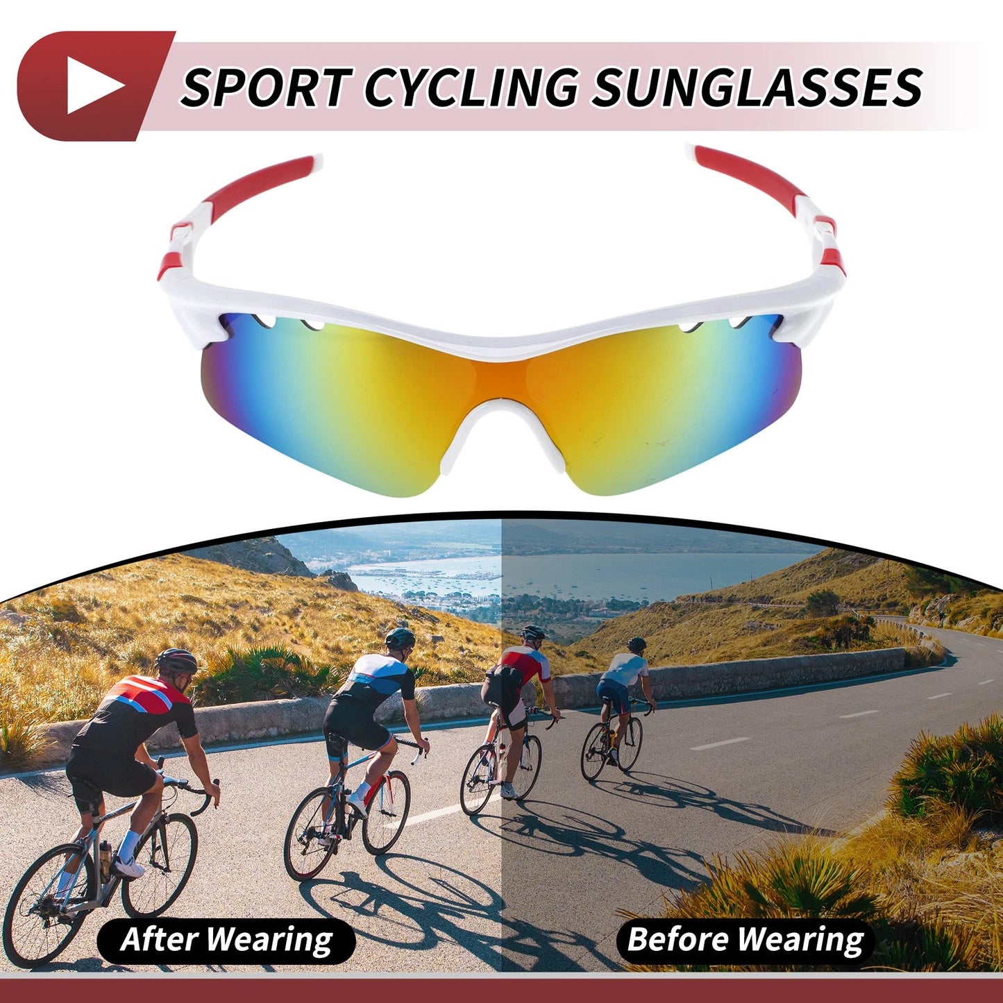 Set Motorcycle Riding Goggles Red Lens White Frame PC Cycling Sunglasses