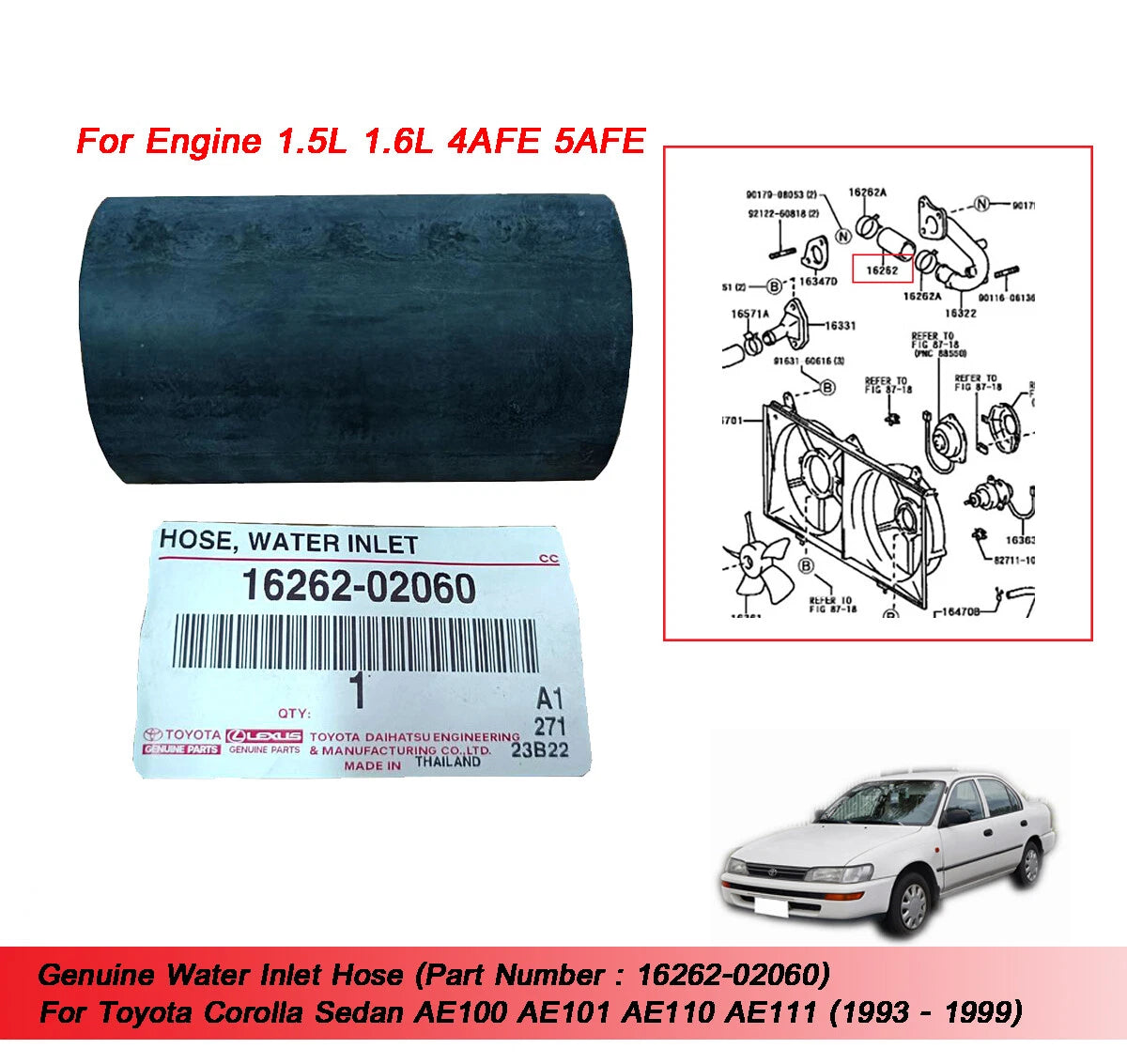 Water Inlet Hose for Toyota AE100 AE101 AE110 AE111 (1992-1998)