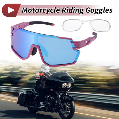 Motorcycle Riding Goggles Blue Lens Pink with Yellow Spots Frame Sunglasses