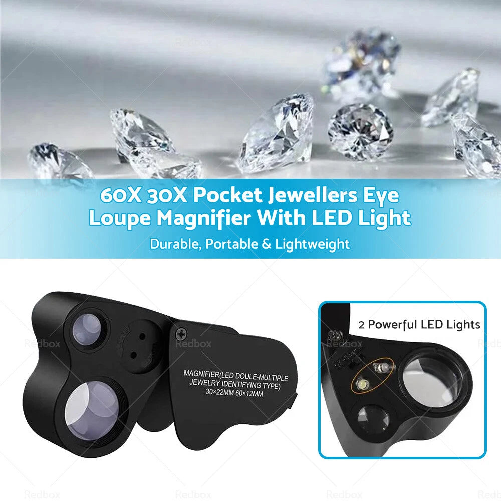 60X 30X LED Light Pocket Jewellers Loupe Magnifier for Jewelry