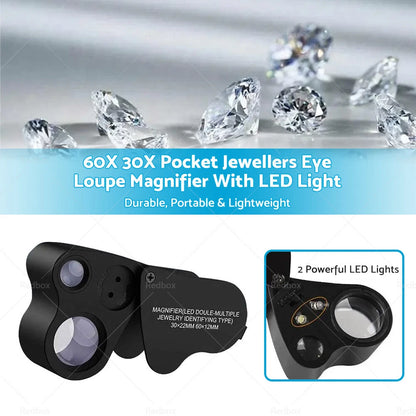 60X 30X LED Light Pocket Jewellers Loupe Magnifier for Jewelry