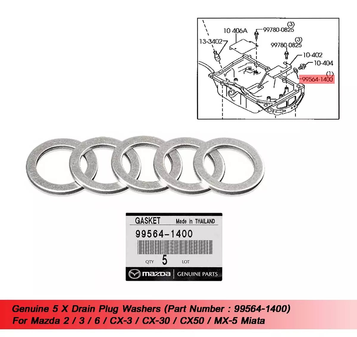 5 x Drain Plug Washers for Mazda 2, 3, 6, CX-3, CX-9, CX-30, MX-5 (2003-2023)