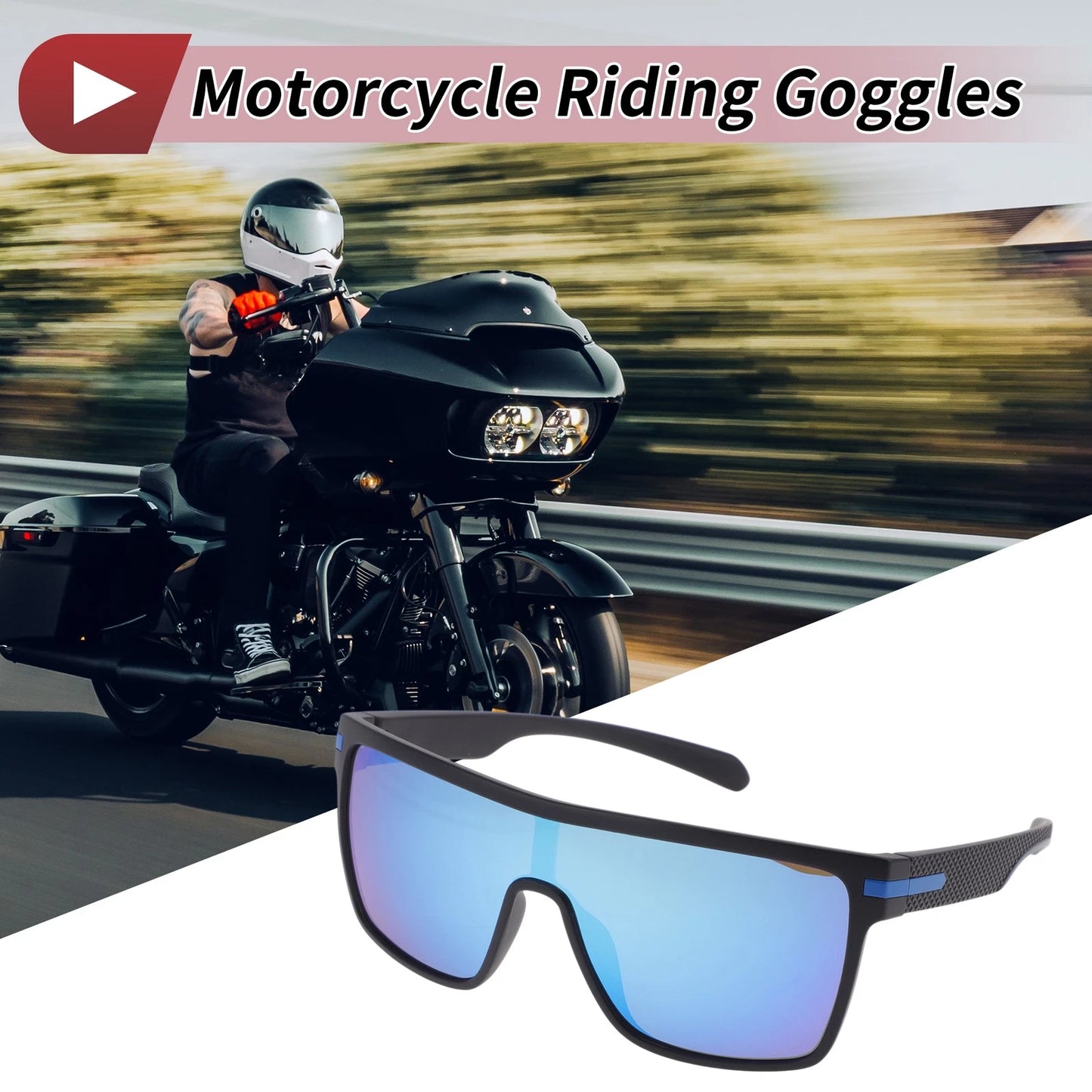 Goggles Motorcycle Riding Blue Lens Black Frame Tri-Acetyl Cellulos TR90