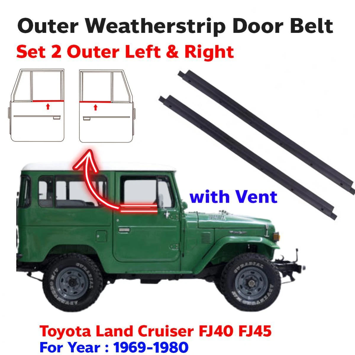 2x Weatherstrip Door Belt Outer Rubber Fits Toyota Land Cruiser FJ40 1969-80 DE