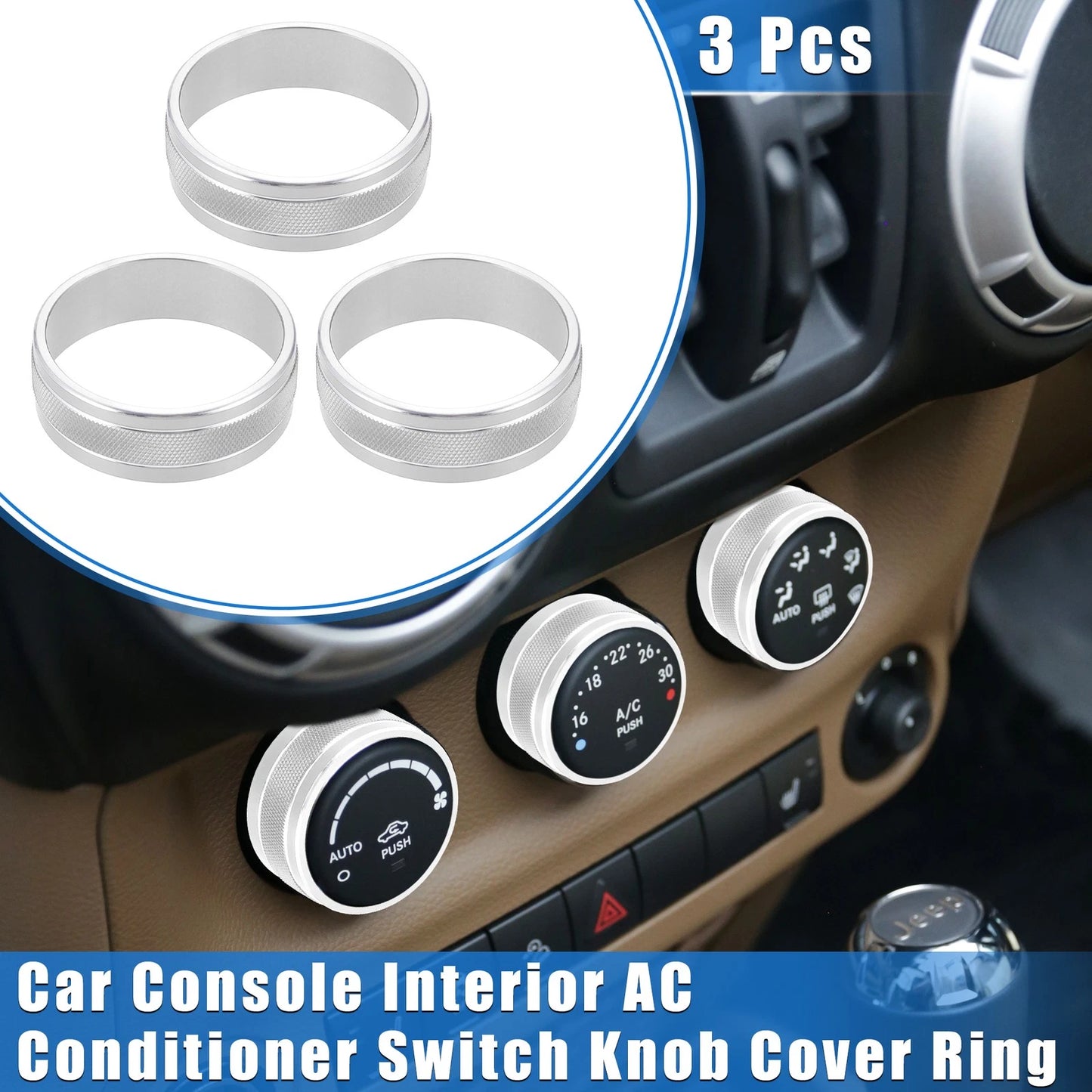 3 x Car AC Switch Knob Cover Rings for Jeep Wrangler JK JKU (2011-2018) Silver