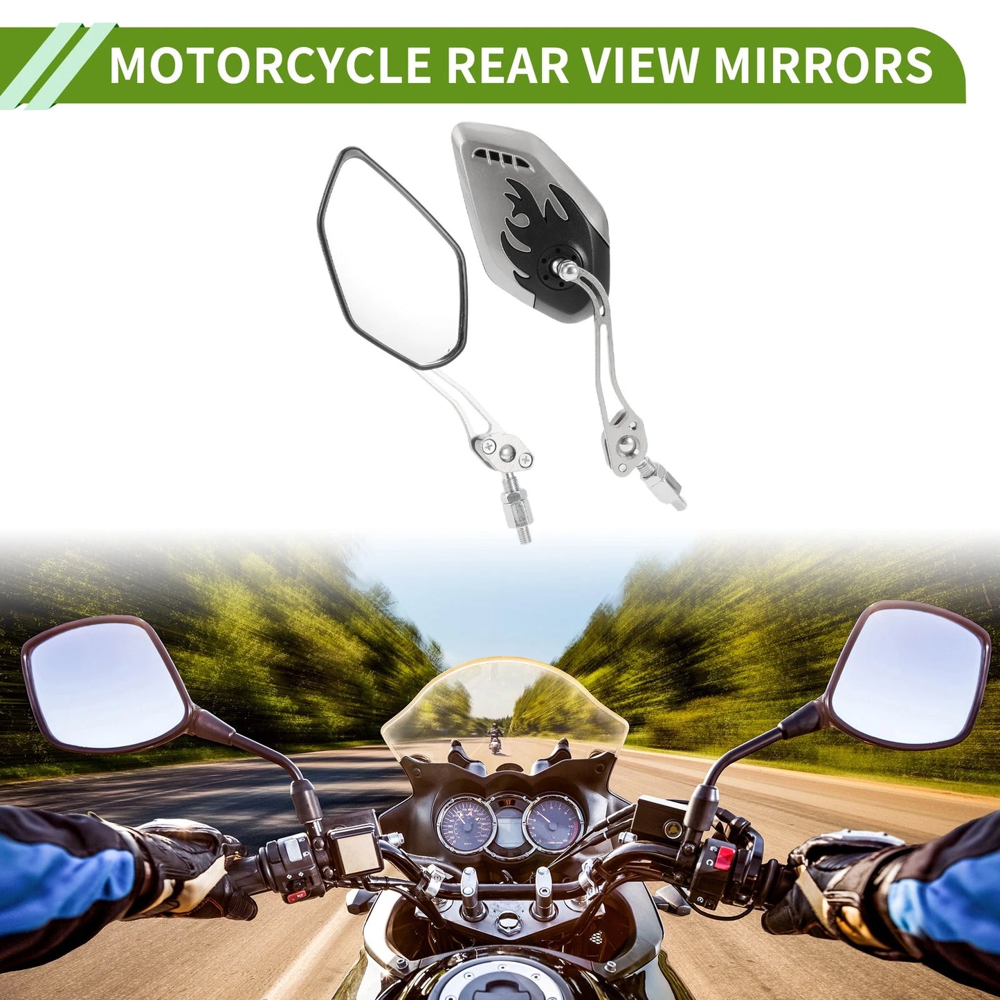 Motorcycle Rear View Mirrors Polygonal Shape Black Silver Tone Plastic
