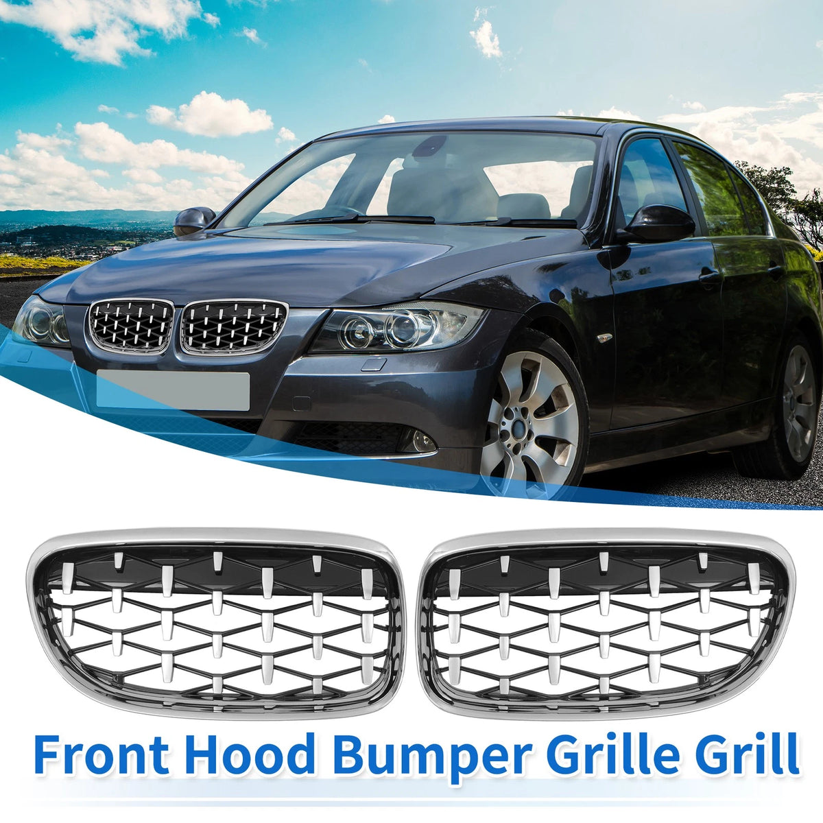 Hood Bumper Grille for BMW 335d 328i 335i E90 (2006-2013) - Silver Tone Pair