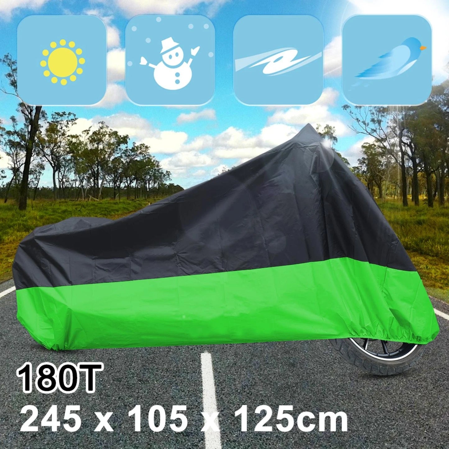 XL 180T Rain Dust Motorcycle Cover Black+Green Outdoor Waterproof UV Protection