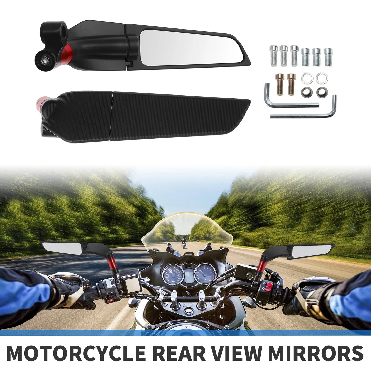 Pair M8/M10 Polygonal Rear View Mirrors for Motorcycle Black Red