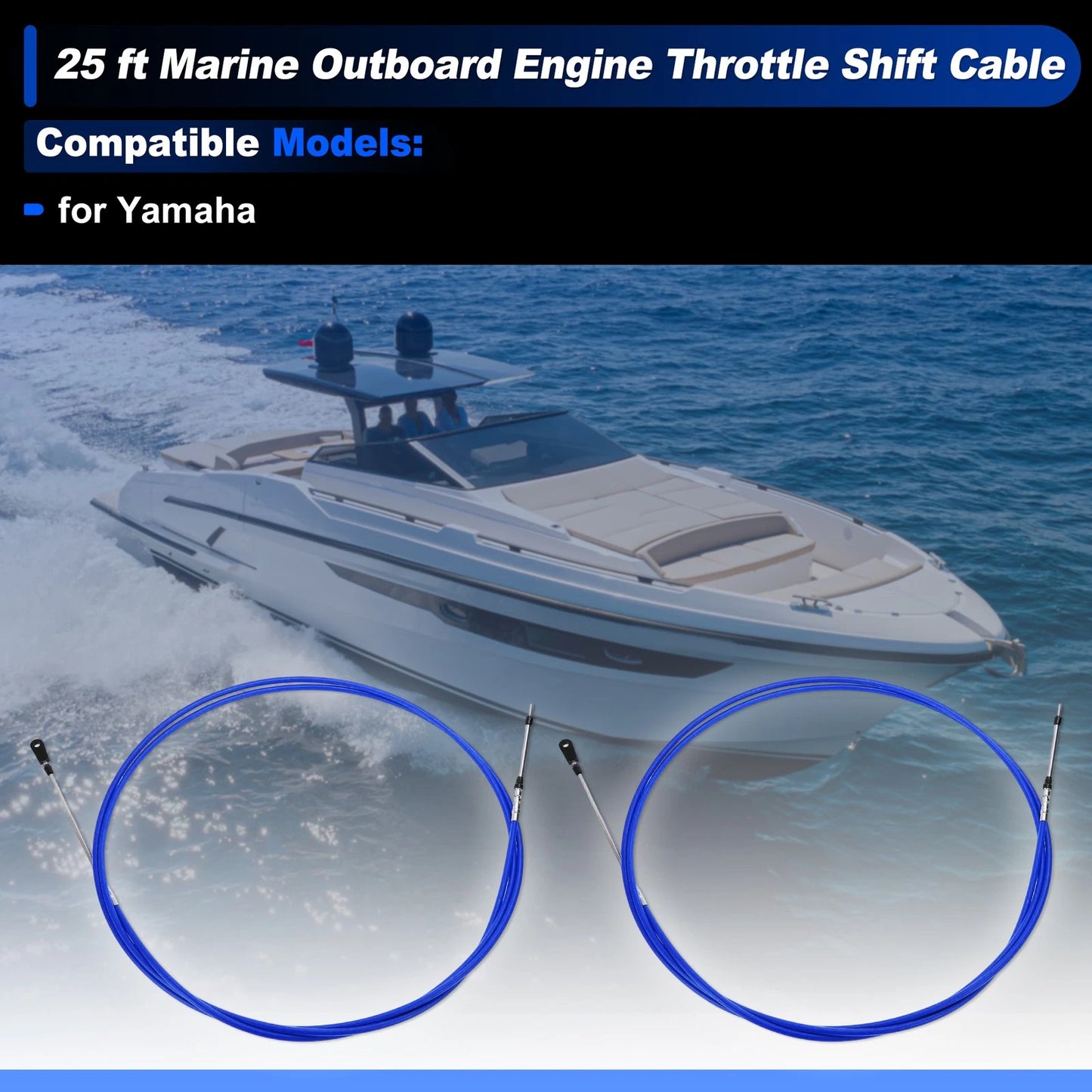 2 x Cable / 25 ft / Throttle Shift Control Cable for Yamaha Blue