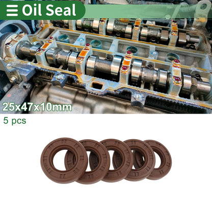 Oil Seal 25x47x10mm FKM Rubber High Pressure Brown 5 Pcs