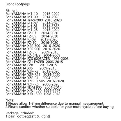 Footrest Pegs for YAMAHA MT-03 MT-07 MT-09 MT-10 XSR700 XSR900 (2016-2023)