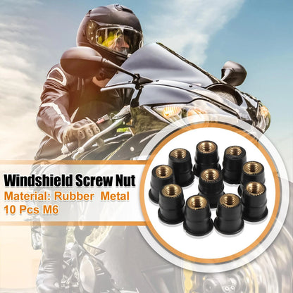 10x M6 6mm Convex Black Rubber Windshield Screws Bolts Nut for Motorcycle