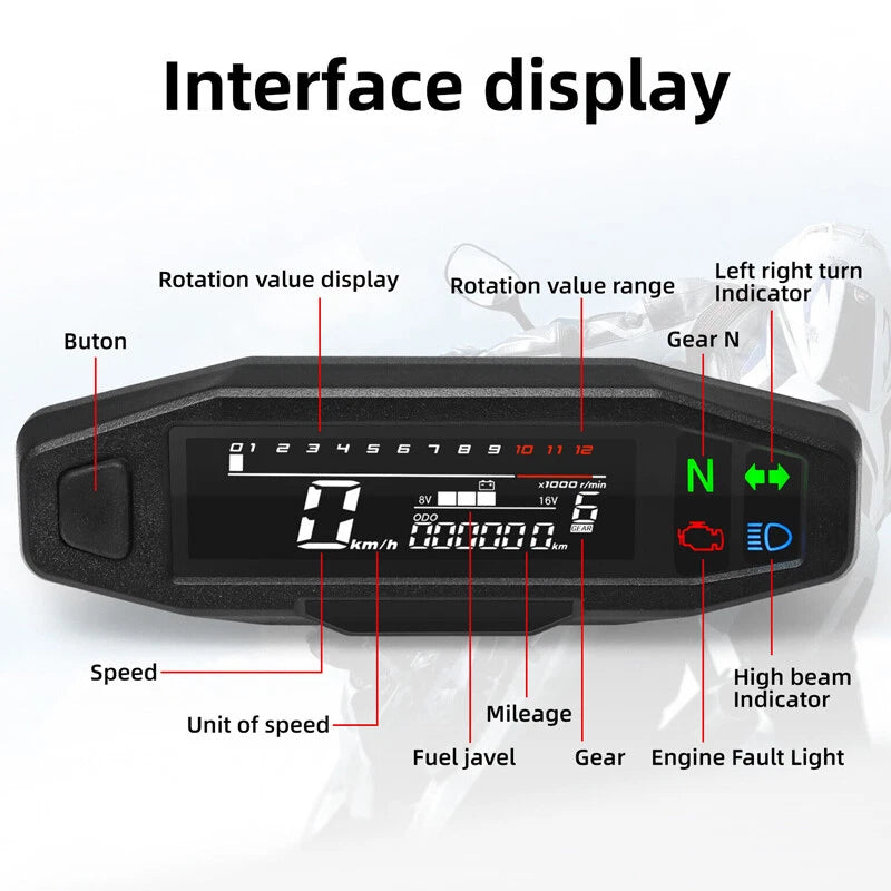 LCD Digital Speedometer Odometer Tachometer Gauge for Motorcycle