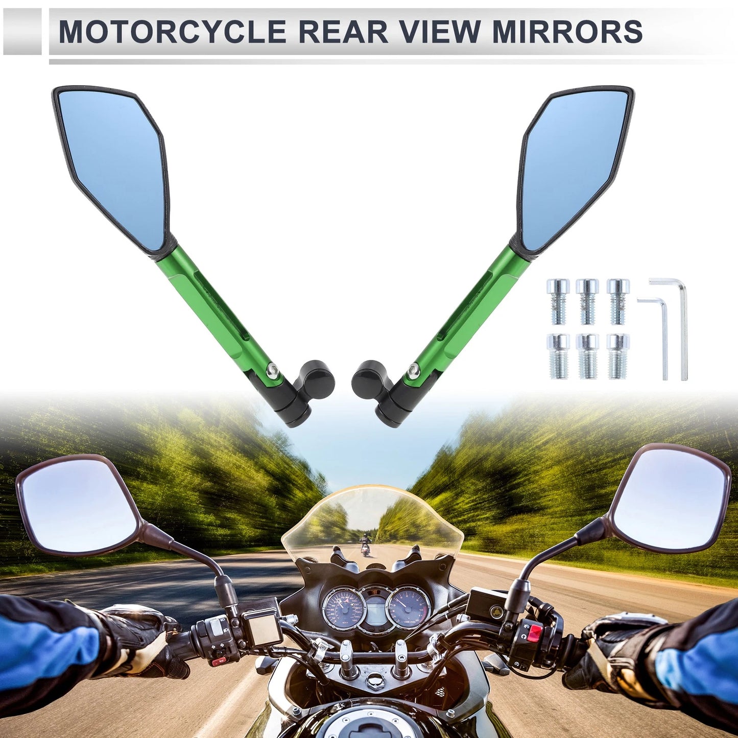 M8/M10 Motorcycle Rear View Mirrors Black Green Aluminum Alloy 1 Set