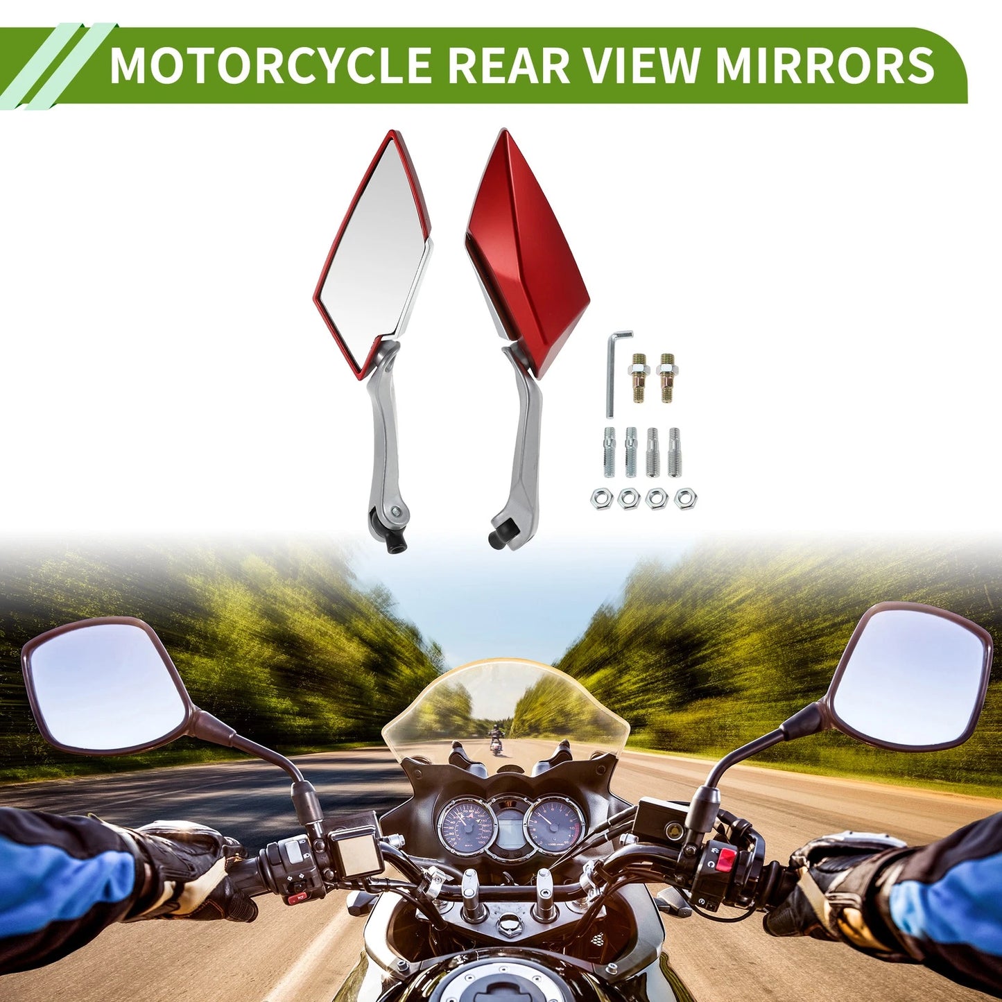 M8/M10 Rear View Mirrors Prismatic Silver Tone Red Plastic 1set
