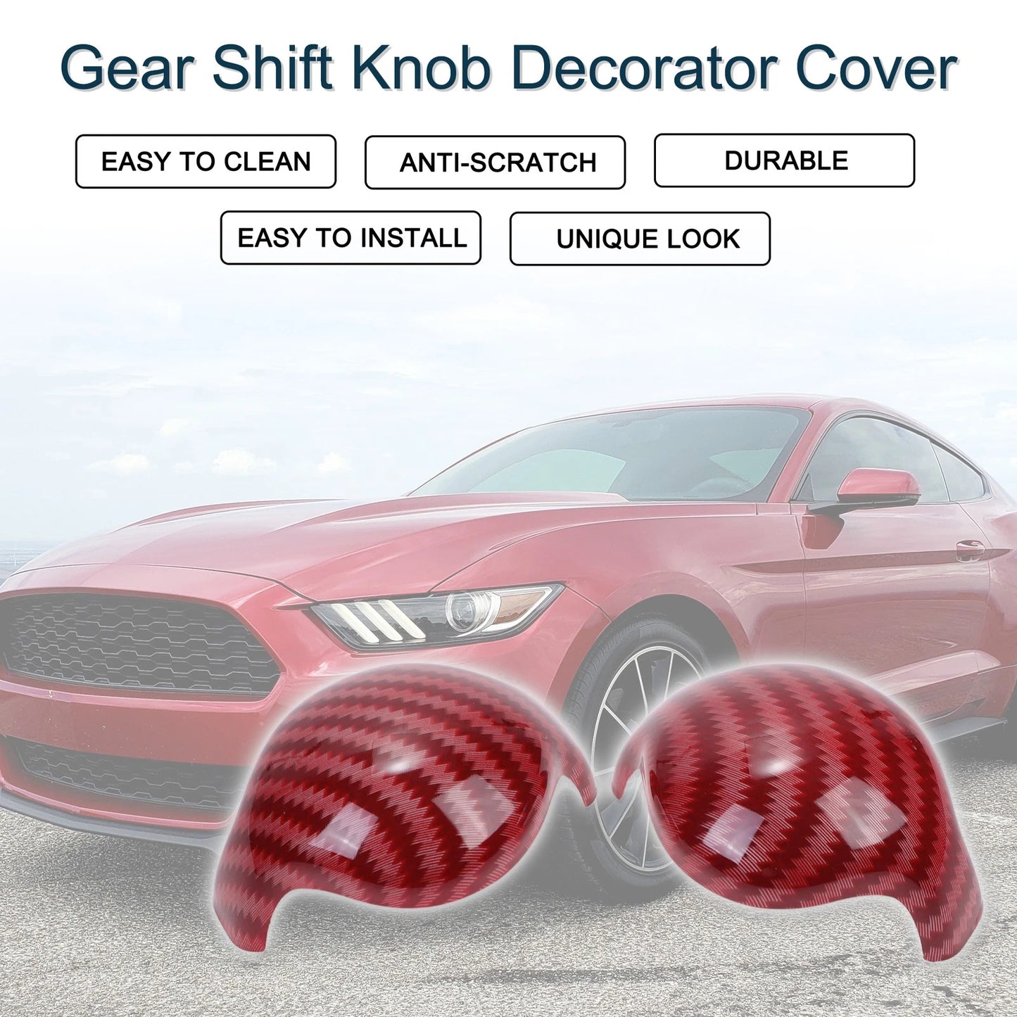 Gear Shift Knob Cover for Ford Mustang 2015-2023 Carbon Fiber Red 1 Set