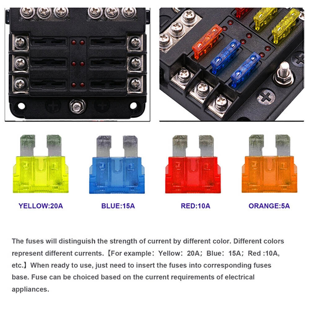 6-Way Blade Fuse Box Block Holder w/ LED Indicator for Marine Bus RVs Boats