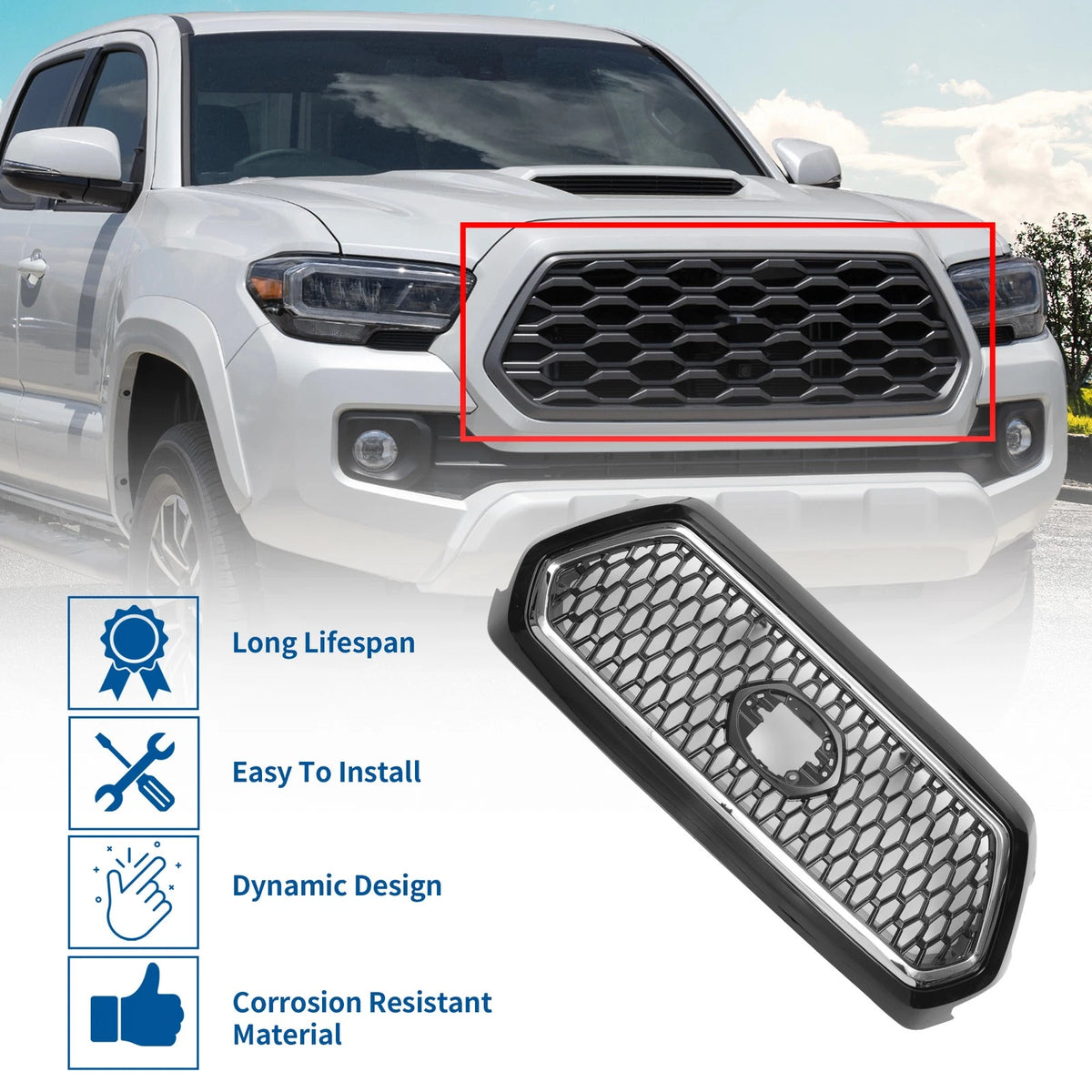 Front Hood Bumper Grille Chrome for Toyota Tacoma (2019-2020)