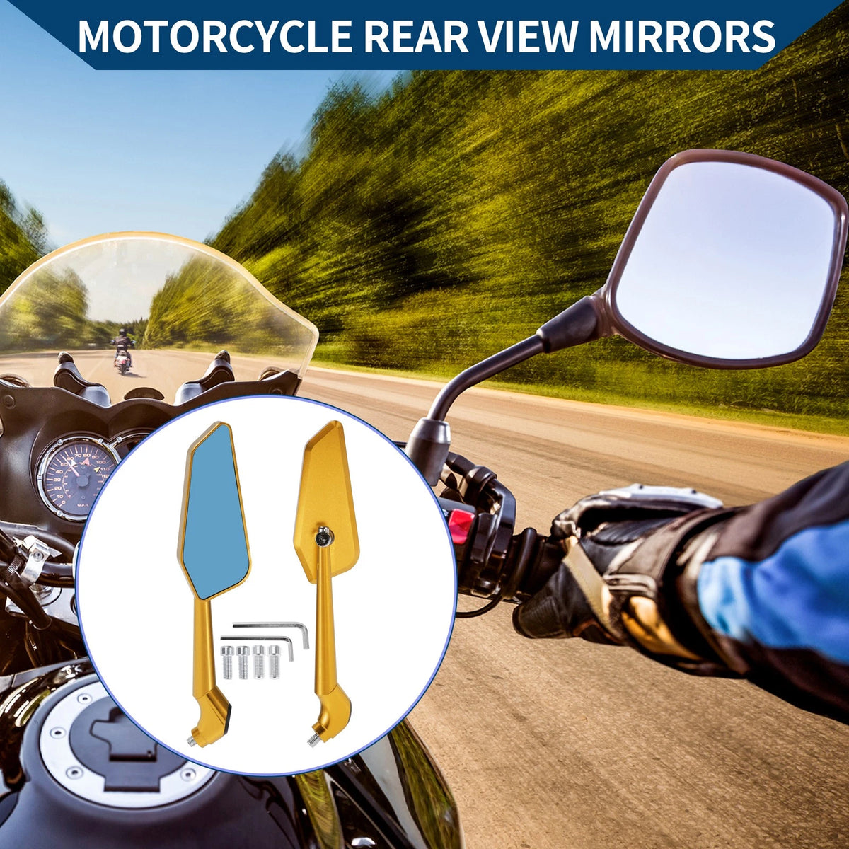 Rear View Mirror M8/M10 for Motorcycle Gold Tone Aluminum Alloy