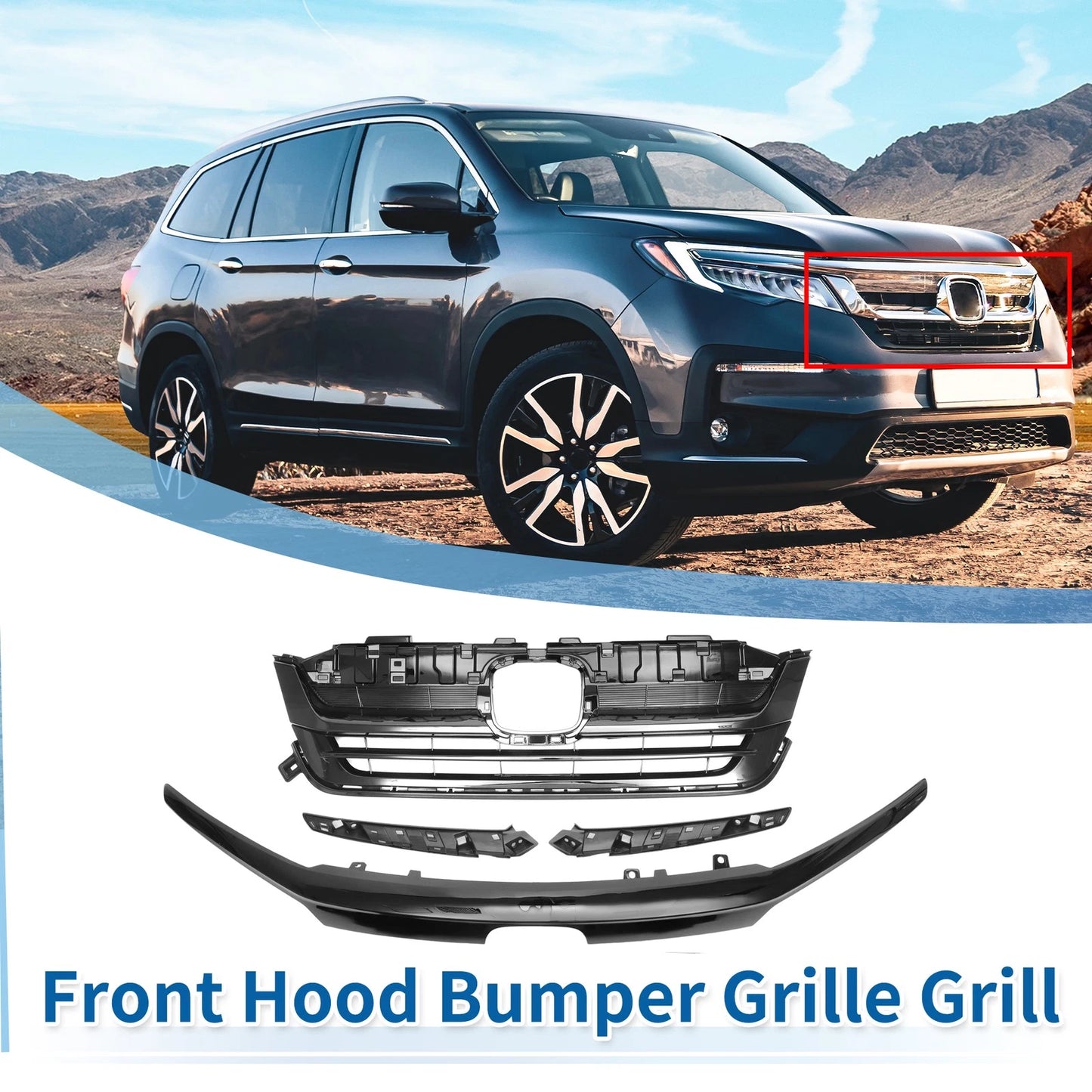 Front Bumper Grille for Honda Pilot 2019-2020 Black 1 Set