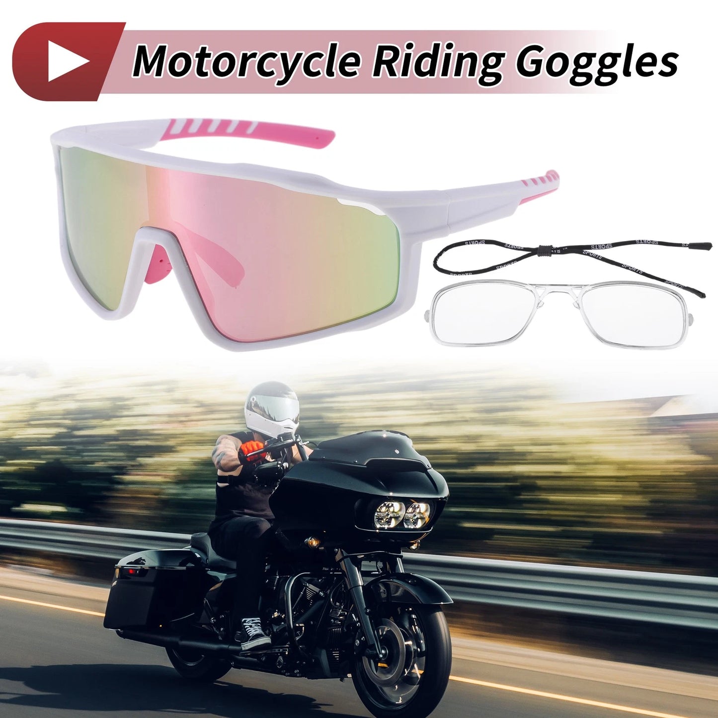 Motorcycle Riding Goggles Pink Lens White Frame Tri-Acetyl Cellulos PC UV400