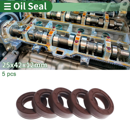 Oil Seal Rotary Shaft Seal FKM Rubber 25x42x12mm Brown 5 pcs