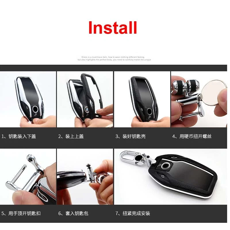 Leather Cover Remote FOB Key Shell Bag w Keychain for BMW 7 Series 740li 750li
