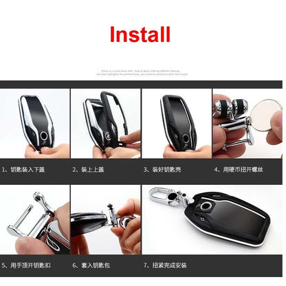 Leather Cover Remote FOB Key Shell Bag w Keychain for BMW 7 Series 740li 750li
